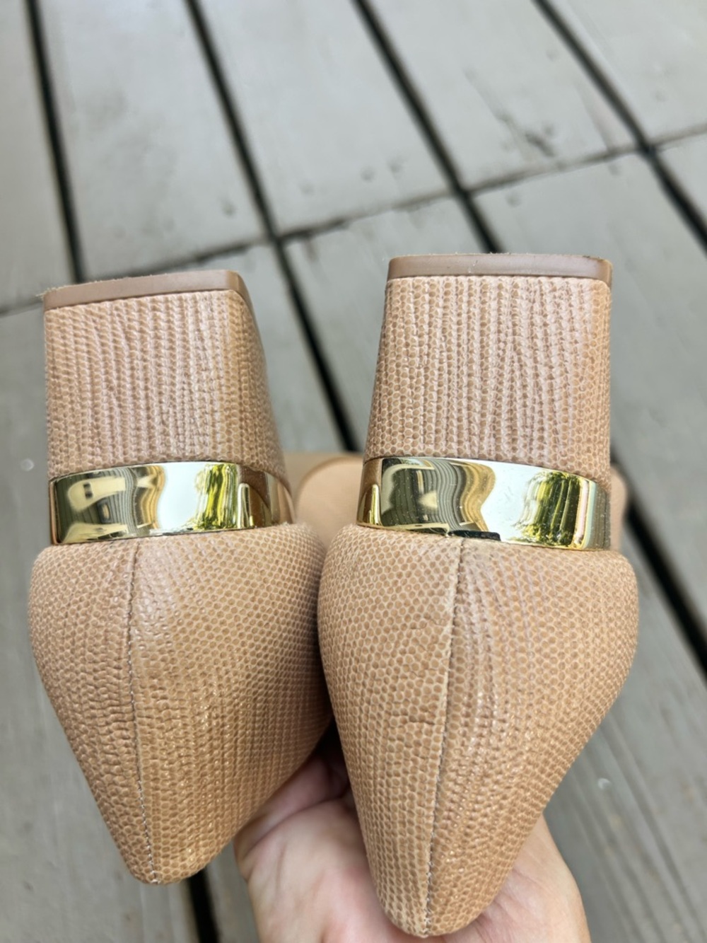 Alex Marie Nude Textured Pointed Toe Heels with Gold Band Accent | Size US 10